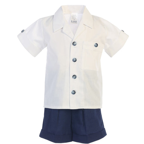 Lito Baby Boys Navy White Poly Cotton Shirt Rayon Linen Shorts Set 3-24M - SophiasStyle.com